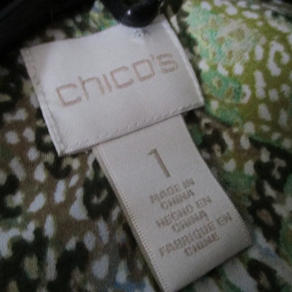 Chicos Animal Print Chiffon Tunic Blouse sz M Jeweled Collar Green Beige - Picture 11 of 12